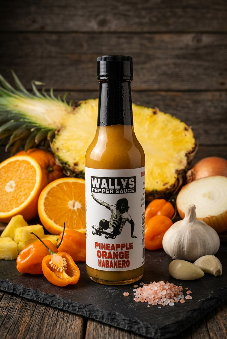 Pineapple Orange Habanero pepper sauce bottle surrounded by pineapple, oranges, habaneros, garlic and onion