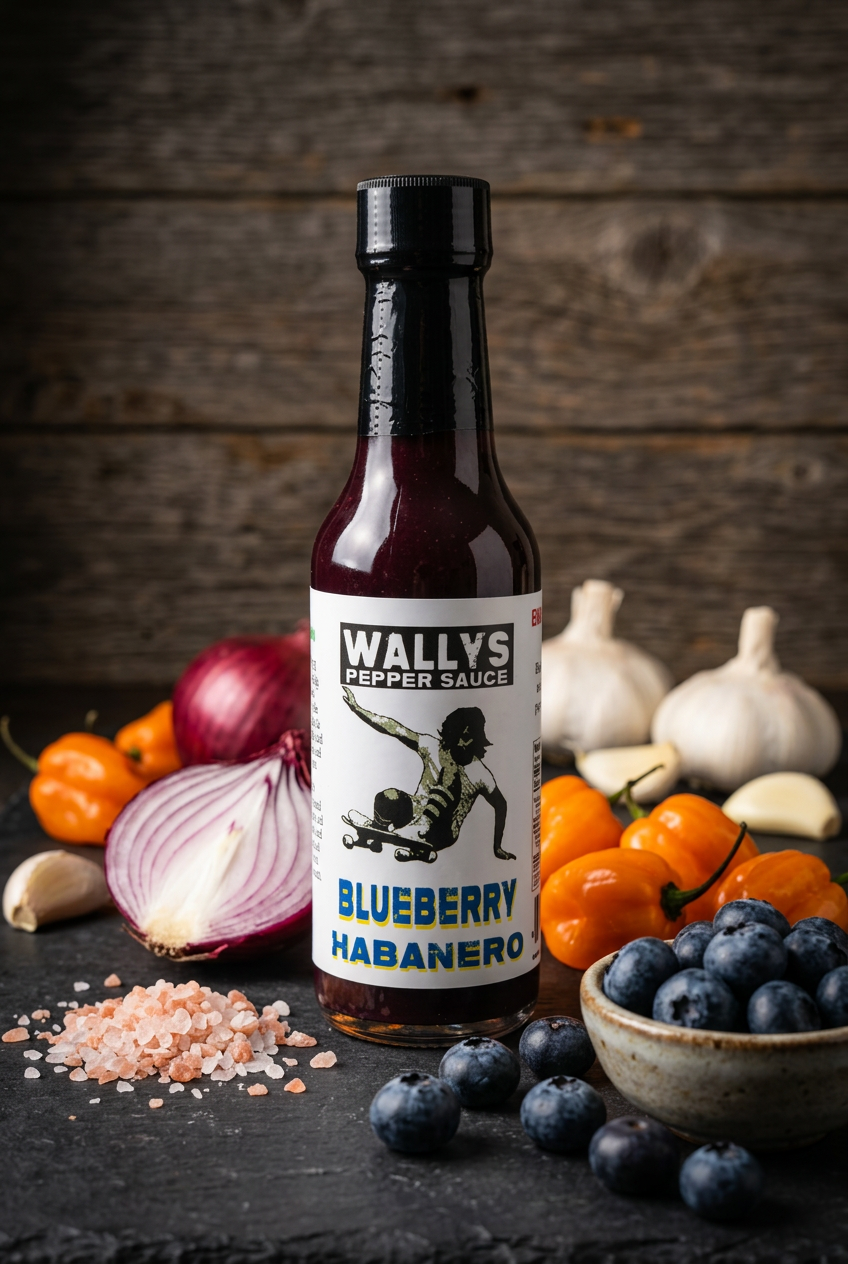 Blueberry Habanero pepper sauce bottle surrounded by blueberries, habaneros, garlic and red onion