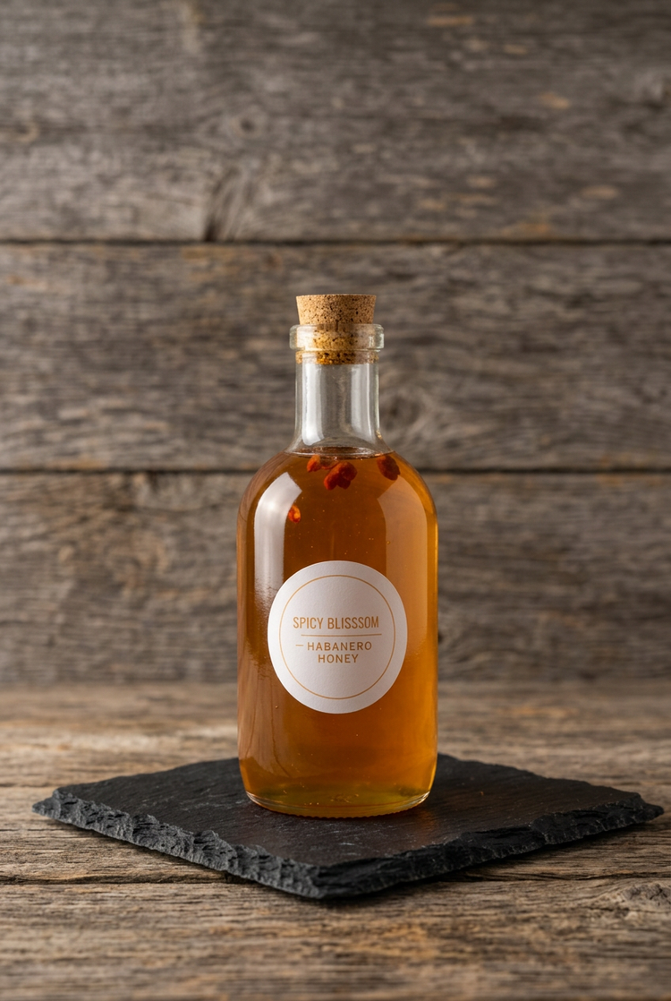 Habanero Ginger Infused Wildflower Honey on black slate on a wood table
