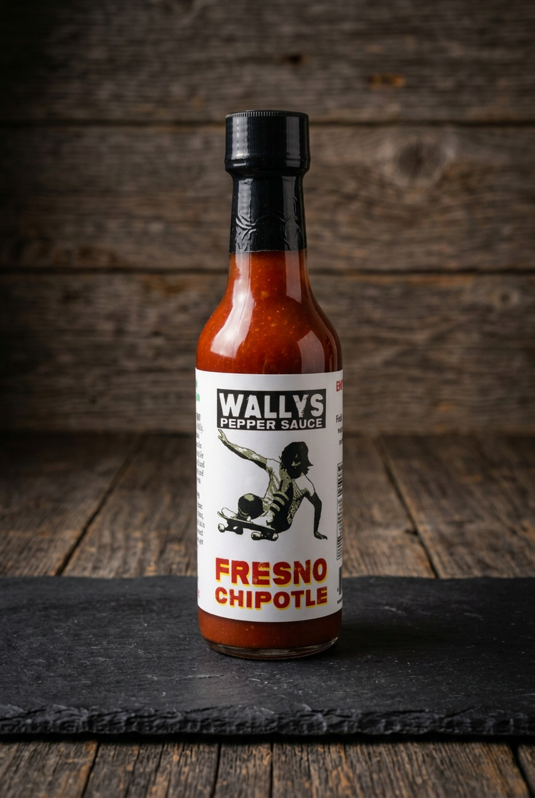 Fresno Chipotle pepper sauce bottle on black slate on a wood table