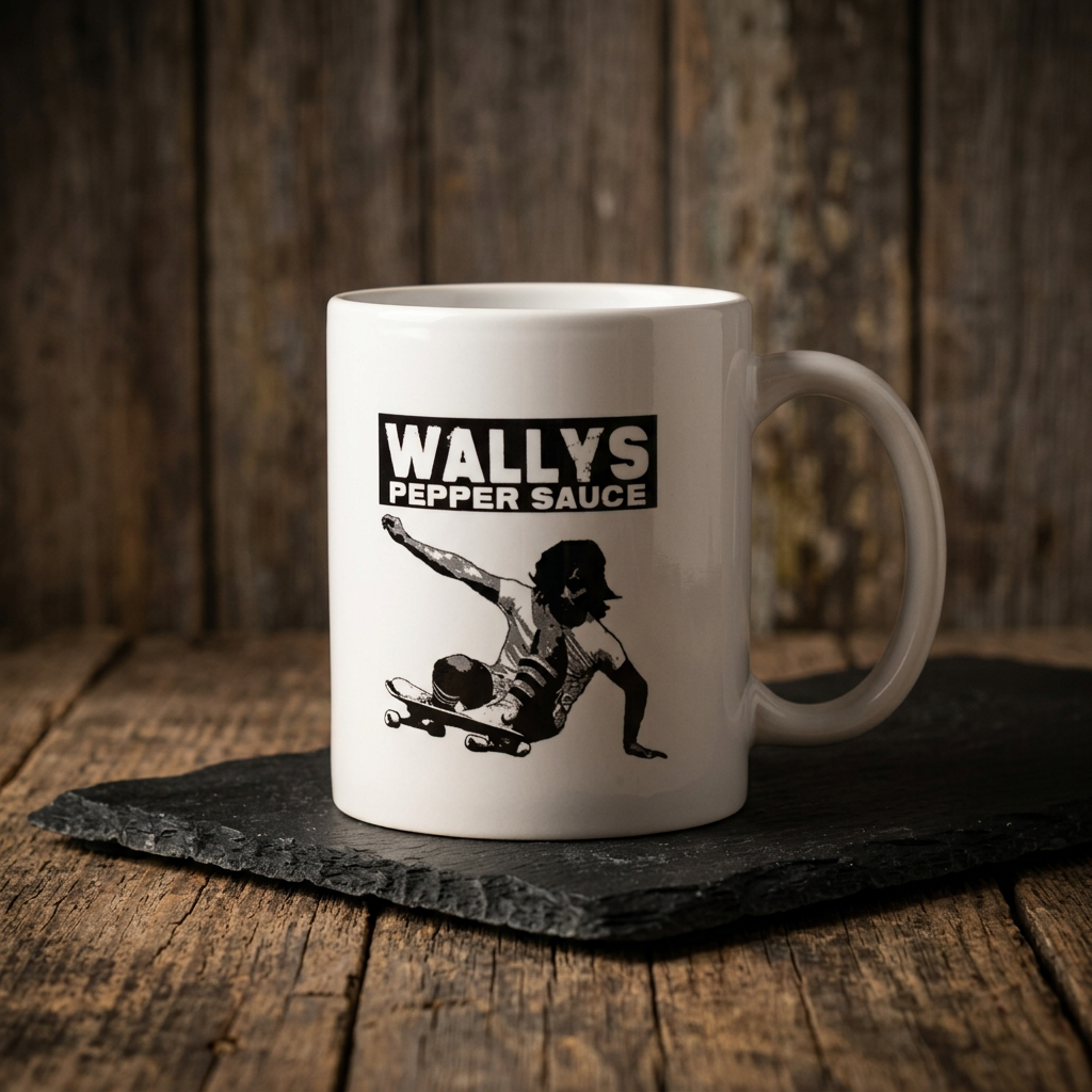Wallys Pepper Sauce 11oz mug, right side, on black slate on a wood table