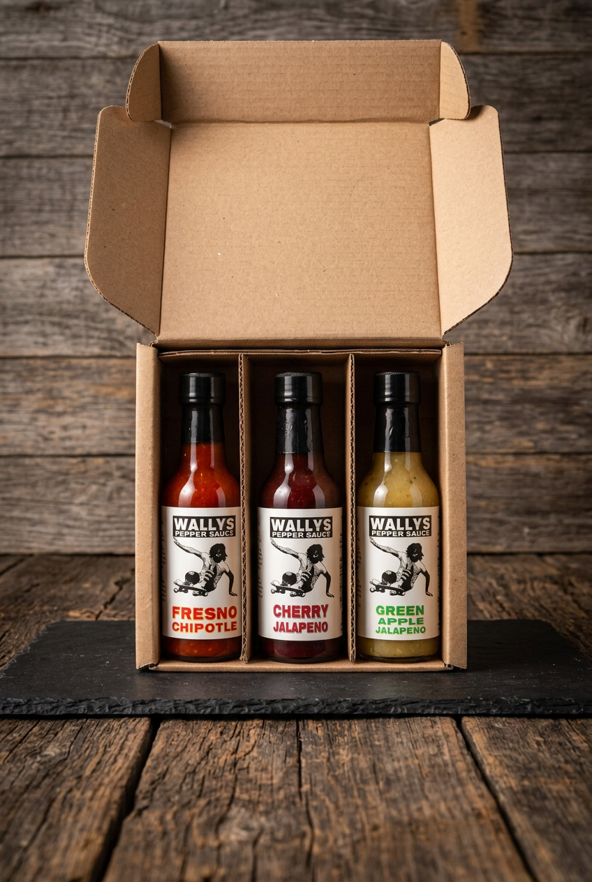 Wallys 3-pack gift box with three pepper sauces
