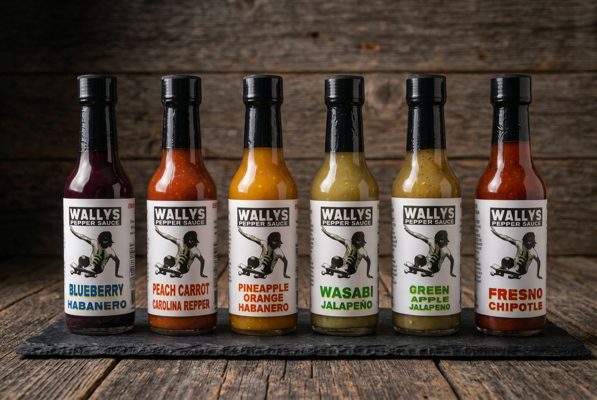 The six Wallys Pepper Sauce flavors available in bundles