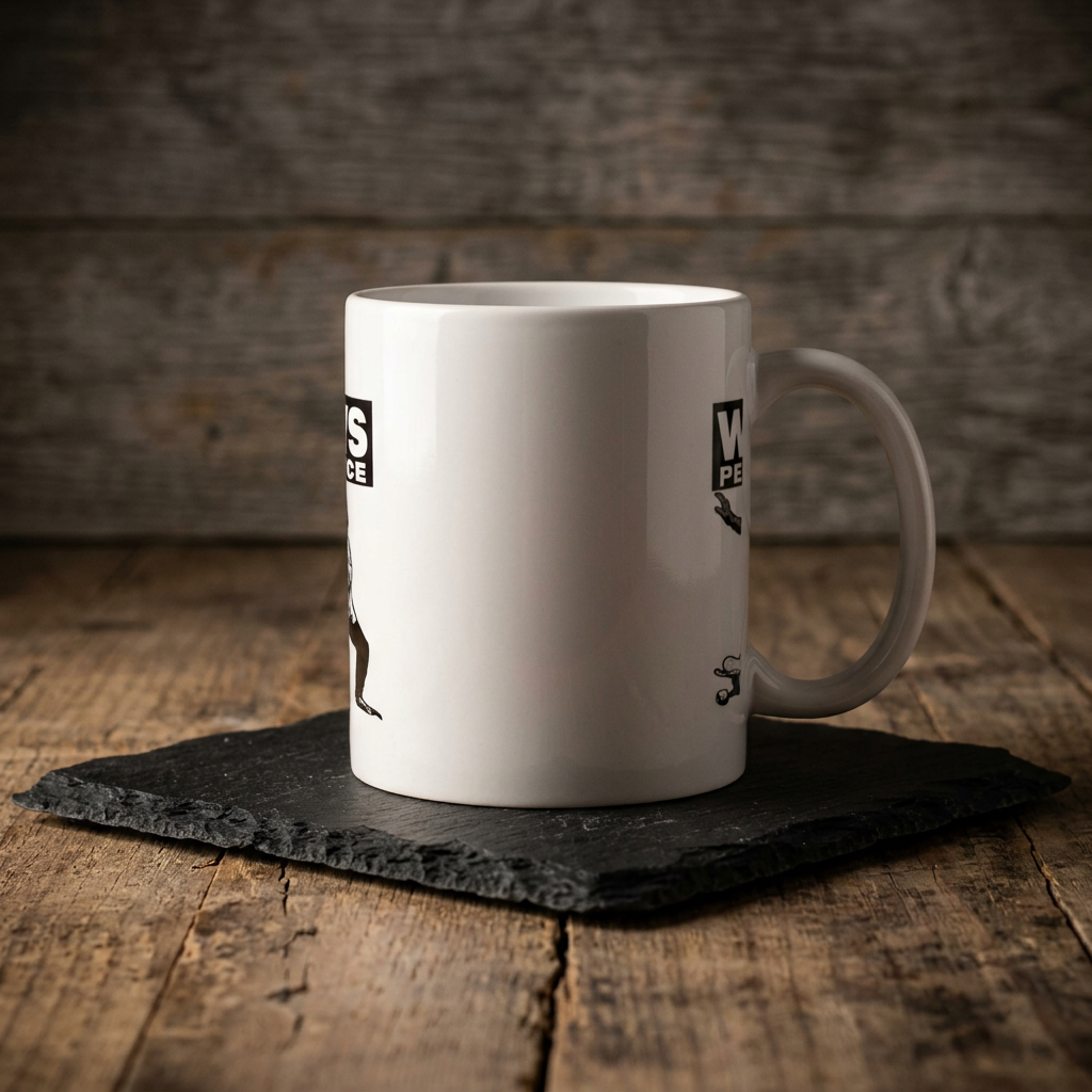 Wallys Pepper Sauce 11oz mug on black slate on a wood table