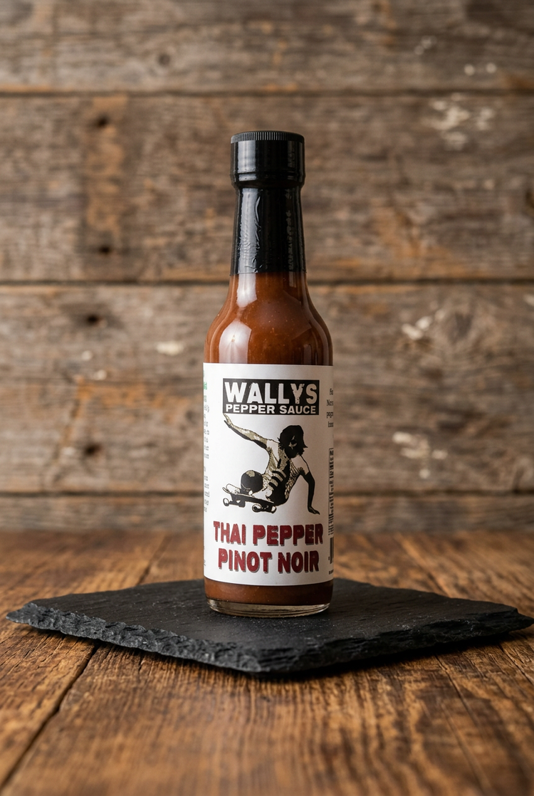 Pinot Noir Thai Pepper sauce bottle on black slate on a wood table