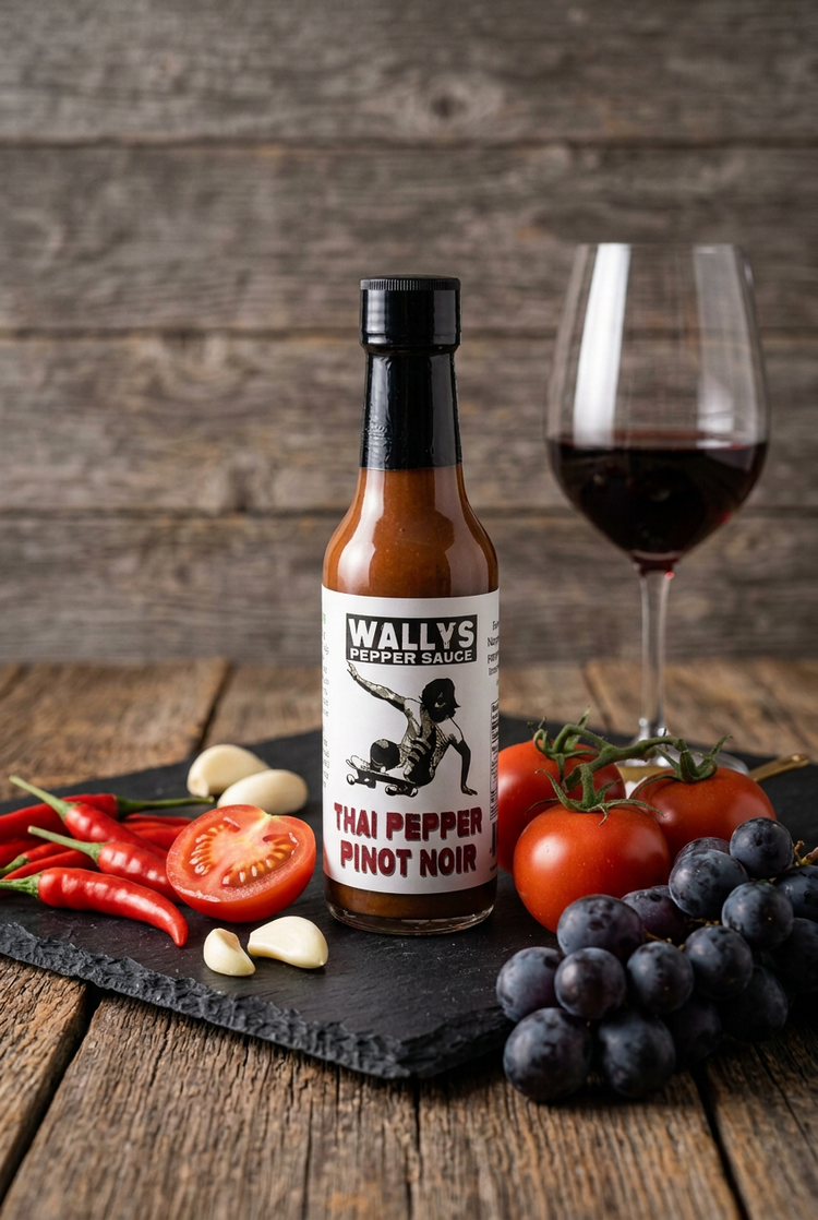 Pinot Noir Thai Pepper sauce with Thai chilies, tomatoes, Pinot Noir and grapes