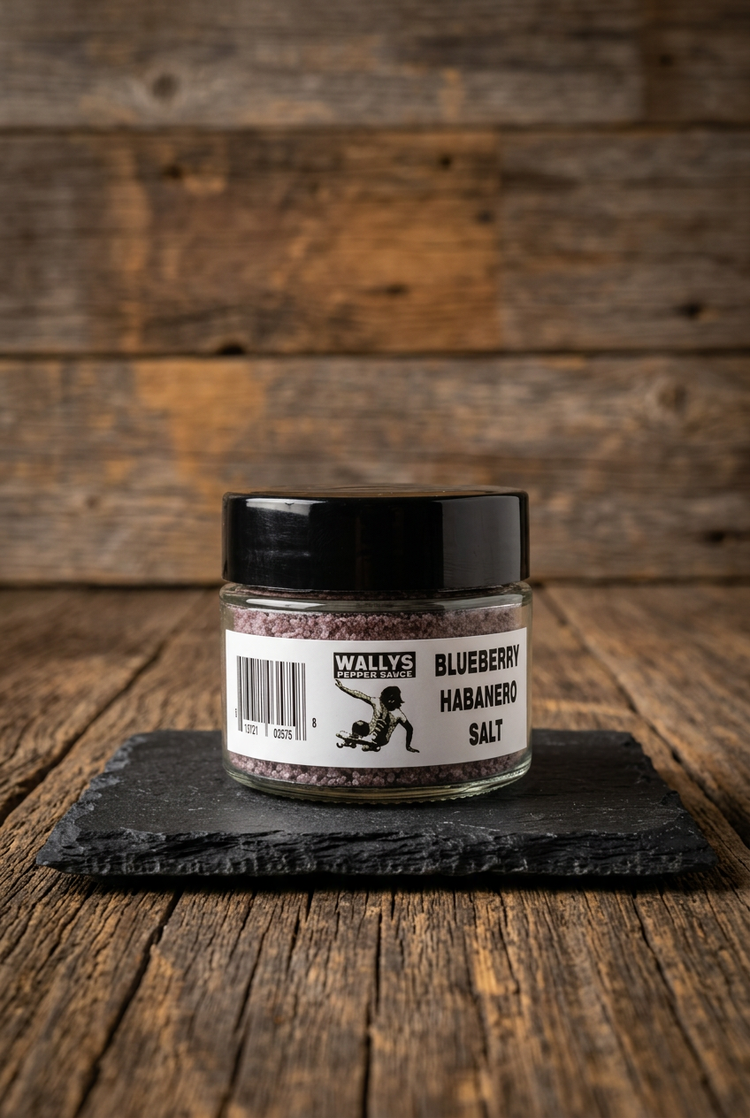 Blueberry Habanero Salt on black slate on a wood table