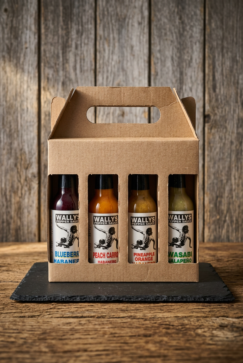 Wallys 4-pack gift box showing four pepper sauces