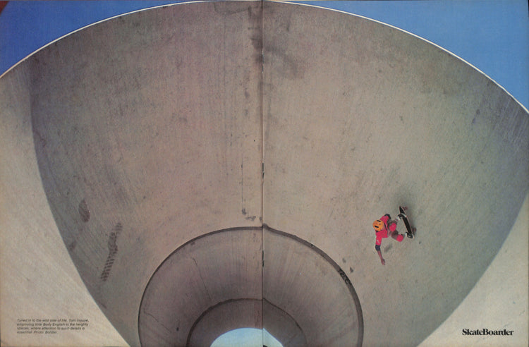 Wally riding high on the wall of a concrete pipe, from SkateBoarder magazine