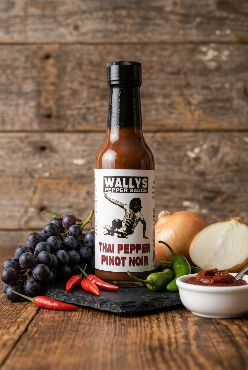 Pinot Noir Thai Pepper with grapes, Thai and serrano peppers, sweet onion and tomato paste