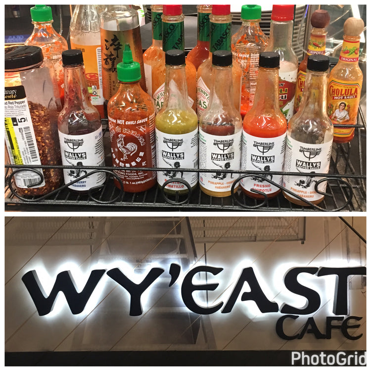 Wallys Pepper Sauce on the hot sauce rack at Wy'East Cafe