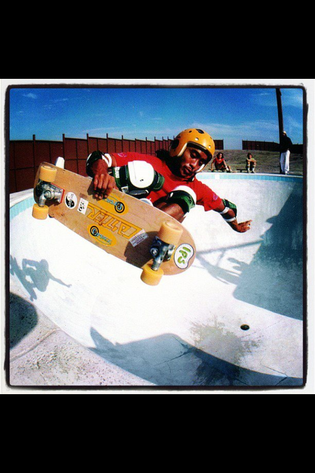 Wally in an orange helmet with his IPS board, 1970s